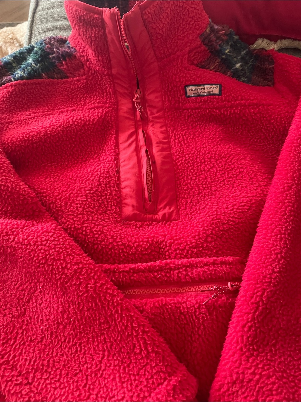 Vineyard Vines Bright Red Sherpa Quarter-Zip Pullover with Multicolor Shoulders
